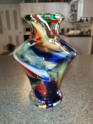 Vintage Imperial Studio Art Glass End Of Day Blue/multi Colored 7.  5 " T.  Vase