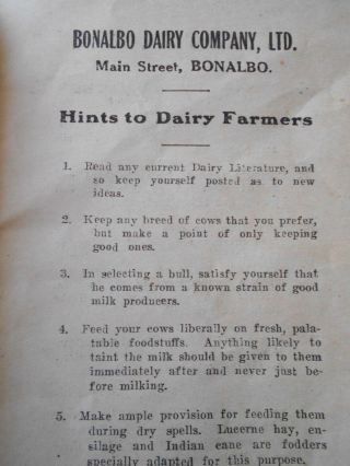 Vintage NSW BONALBO DAIRY CO - HINTS TO DAIRY FARMERS BOOKLET - Cattle Agriculture 2