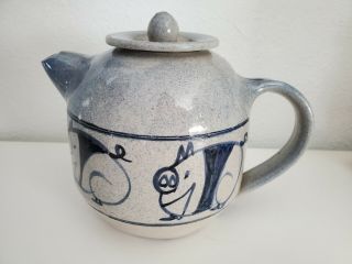 Rinny Staber Vintage Blue Glaze Stoneware Pottery Teapot Coffee Pot Tea Pigs Pig