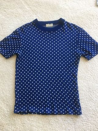 Vintage 60s Mens Blue & White Polka Dot Knit Shirt Sz Small Mod Mid Century