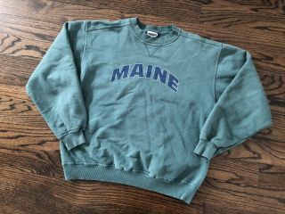 Vtg 90s Jerzees Maine Spellout Green Pullover Crewneck Sweatshirt Faded Sz L
