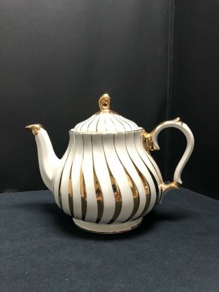 Vtg Sadler England 2737 Cream And Gold Swirl Teapot