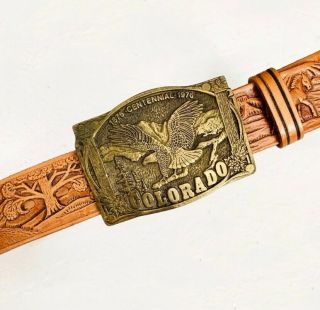 Vintage Leather Hand Tooled Belt Horses Collectable Colorado Buckle