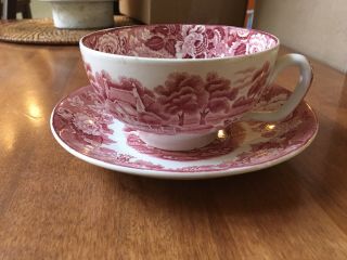 Vintage Enoch Woods Ware English Scenery Red Pink Large Transfer Cup & Saucer