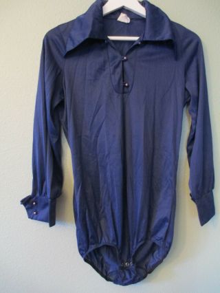 Montgomery Ward Bodysuit Vintage Blue Blouse Sheer Collar Nylon Size 34 Pearled