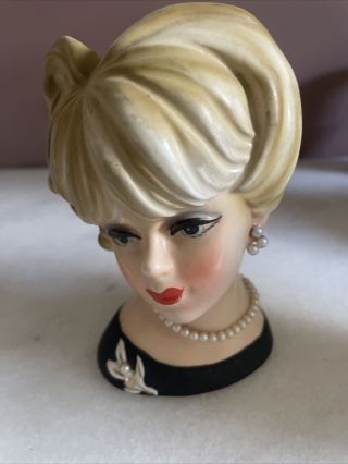 Vintage Lady Head Vase,  C 7472 In Black With Earrings And Necklace.  5 3/4”tall
