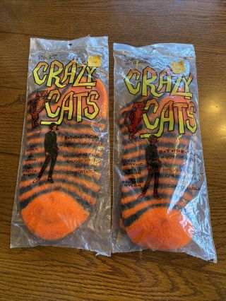 2 Pairs 1960s Vintage Crazy Cats Orange & Black Retro Striped Slipper Socks Nos
