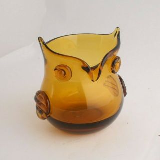 Vintage Mid Century Amber Owl Hand Blown Art Glass Vase Applied Eyes 4 " Tall