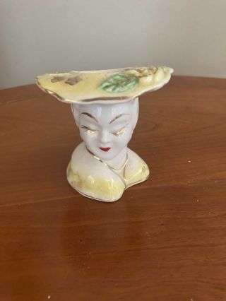 Vintage Ceramic Lady Head Vase 3.  5” Yellow Gold Necklace Earrings Eyelashes