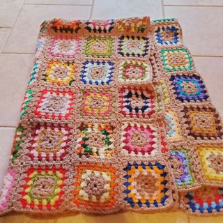 Vintage Granny Square Tan/ Multi Crochet Hand Knit Blanket Afghan Throw
