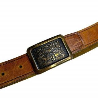 Vintage Levi Strauss Brown Leather Belt Gold Black Large Belt Buckle Logo Sz 32