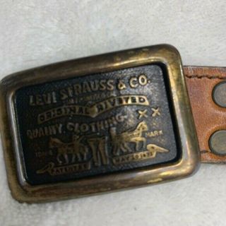 Vintage Levi Strauss Brown Leather Belt Gold Black Large Belt Buckle Logo Sz 32 3