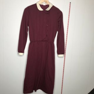 Vtg Womens Pleated Chest Button Up Peter Pan Collar Midi Dress S Burgundy Fall