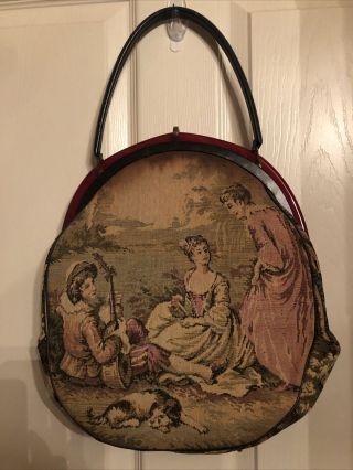 Antique Large Tapestry Handbag With Bakelite