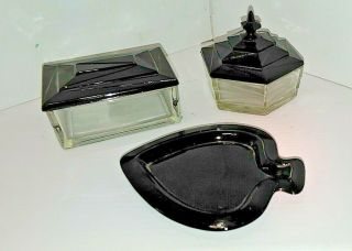 Vintage Black Amethyst 3pc Art Deco Dresser Set Two Boxes And Pin Tray Exc.