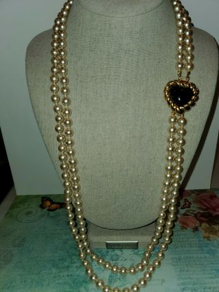 Vintage Joan Rivers Heart Knotted Double Stand Two Tone Faux Pearl Necklace
