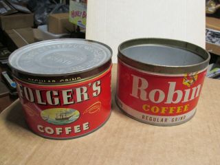 Vintage Robin Coffee & Folgers Coffee Cans Regular 1 Lb.