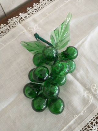 Vintage Midcentury Green Hand Blown Glass Grapes Cluster Of 12 With Leaves