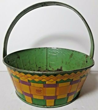 Vtg J.  Chein Tin Litho Easter Basket Made In Usa Green Purple Yellow Weave 7 "