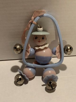 Vintage Celluloid Baby Rattle Crib Toy Pastel Blue And Pink 6” Tall Kitsch Face