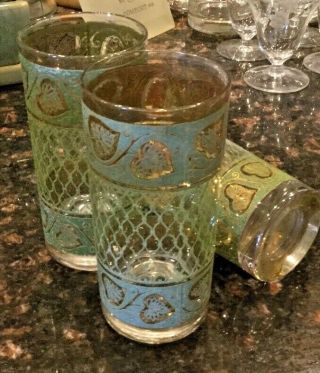Set Of 3 " Culver " 22 Kt Gold/green Vintage Barware Glasses
