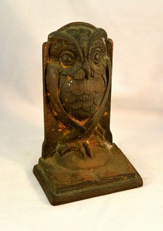 Vintage Art Deco Cast Iron Owl Standing On Book Bookends
