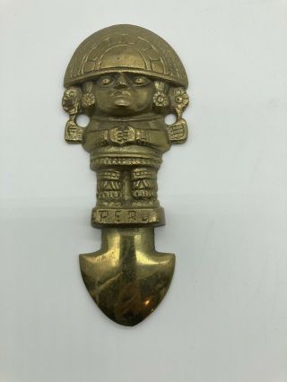 Vintage Brass Mayan Aztec Inca Door Figure 7 1/8 X 3 Inches