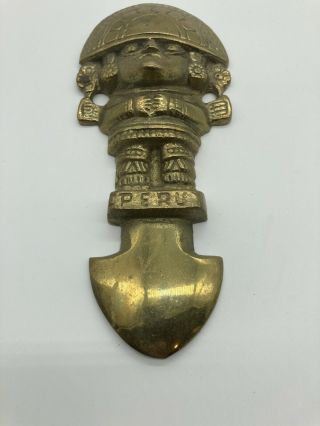 Vintage Brass Mayan Aztec Inca Door Figure 7 1/8 x 3 inches 2