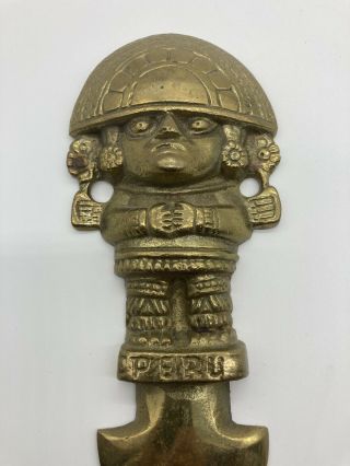 Vintage Brass Mayan Aztec Inca Door Figure 7 1/8 x 3 inches 3