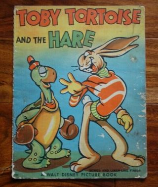 Vtg 1938 Walt Disney Toby Tortoise And The Hare Book Sewn & Linen - Like Finish