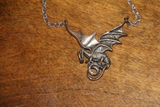 Vintage 1982 Handmade Pewter Dragon Necklace Pendant With Silver Chain Signed