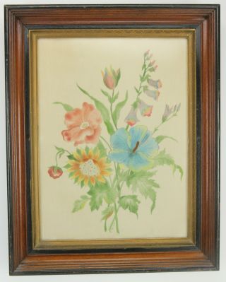 Vintage Framed Fabric Painting Of Colorful Flowers,  Signed E.  Macnutt - 17 X 21 "