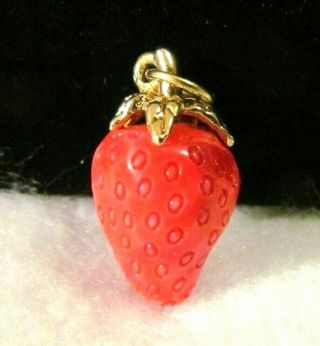 Vintage Fruit Celluloid Red Coral Color Gold Strawberry Small Fob Charm