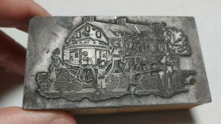 Vintage Letterpress Printing Block Red Lion Horse And Carriage Scene House