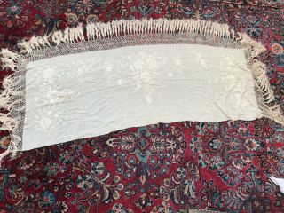 Antique Embroidered Silk Piano Shawl Rectangular W Fringe Estate Find 58l X 25”w