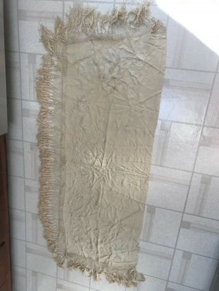 Antique embroidered silk piano shawl rectangular w fringe estate find 58L x 25”W 2