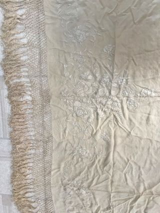 Antique embroidered silk piano shawl rectangular w fringe estate find 58L x 25”W 3