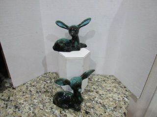 2 Pair Vintage Blue Mountain Pottery Fawn Ceramic Glazed Green Black Doe Deer