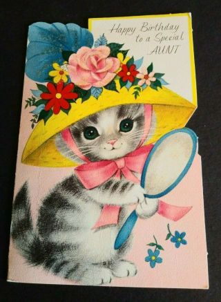 Vintage Rust Craft Greeting Card Happy Birthday Aunt Kitten Cat Glitter Hat