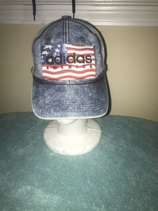 Vintage Adidas America Spell Out Usa Flag Denim Jean Snapback Hat Cap