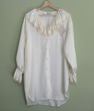 Etienne Vintage Ivory Cream Long Sleeve Satin Sleepshirt Gown Robe Size S