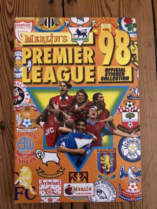 Vintage Merlin Premier League 98 Sticker Book.  100 Complete.  Hardback Cover