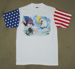 Vtg 80s 90s American Bald Eagle T - Shirt Airbrushed Usa Flag Deadstock : Md