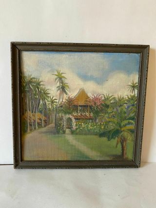 Vintage Small Oil Painting Of A Tropical Scene Palm Trees Signed