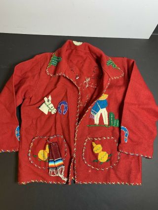 Vintage Wool Hand Sewn Appliques Child Toddler Jacket Mexico Souvenir Red