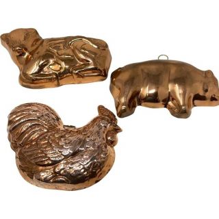 Vtg Copper Color Aluminum Jello Cake Molds Wall Hangings Rooster,  Pig And Cow