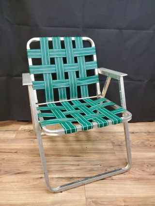 Vintage Green Aluminum Webbing Webbed Folding Lawn Chair Beach Camping Retro