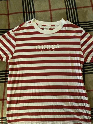 Vintage 90’s Guess Jeans Usa Red & White Striped T Shirt Size Medium