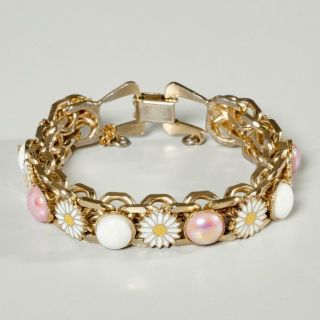 Vintage Gold Tone Bracelet W/ Enamel Daisy Flower & White/pink Cabochon Design