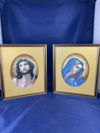 Vintage Framed Needlepoints Of Jesus Christ And Virgin Mary 24 Mesh Count